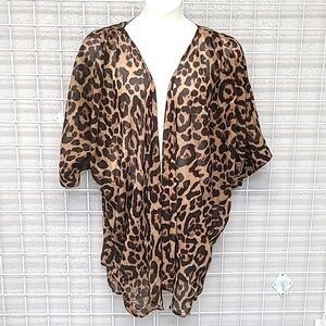 Heimish Sheer Leopard Print Drape Front Kimono Size M/L